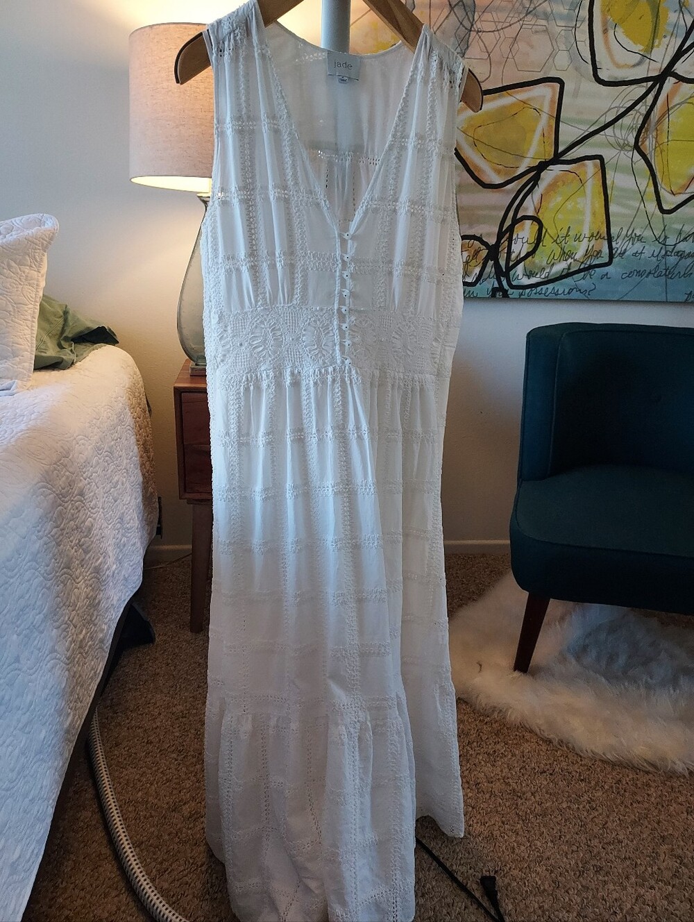 Johnny Was Jade Collection Crochet and Cotton Wht midi Dress - Sleeveless V-Neck